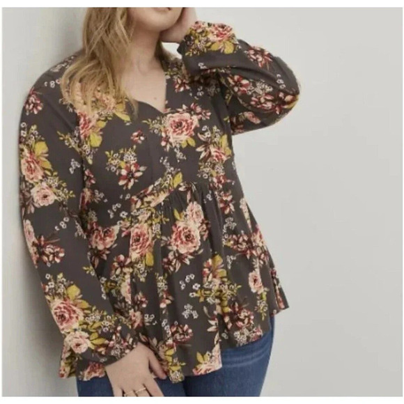 Torrid Floral Crepe Rayon Babydoll Top Size 1X Multicolor Long Sleeve - Picture 1 of 8